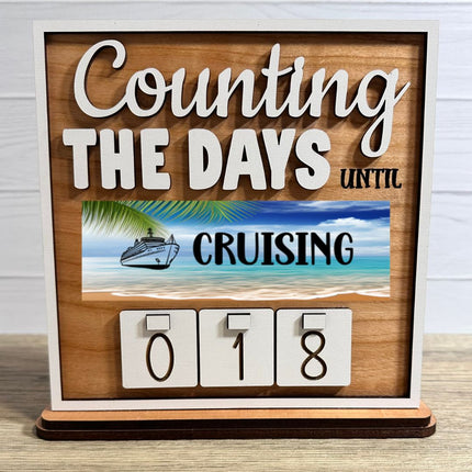 Wooden reusable countdown sign displaying “Counting the Days Until Cruising” with interchangeable plate and number tiles.