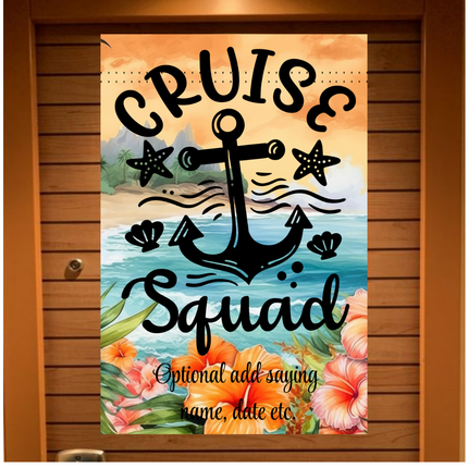 Decorative banner with 'Cruise Squad' text, anchor, and tropical elements on a wooden background.