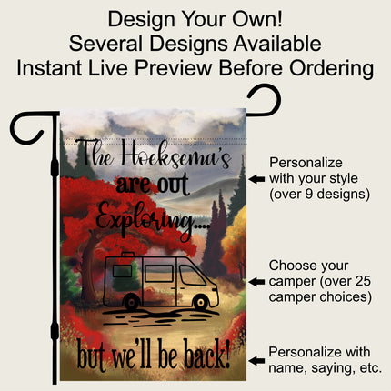 Personalized Fall Camping Garden Flag – Bright Colors, Custom RV Trailer Sign, Outdoor Decor, Perfect Gift for Campers & Travelers