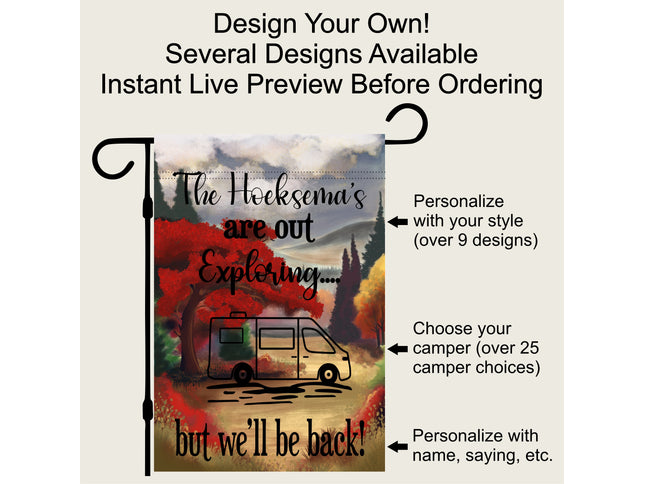 Personalized Fall Camping Garden Flag – Bright Colors, Custom RV Trailer Sign, Outdoor Decor, Perfect Gift for Campers & Travelers
