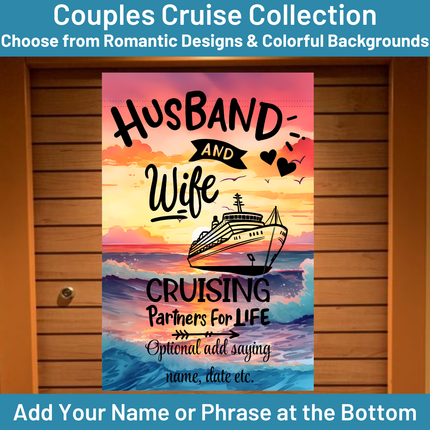 Cruise-themed decorative banner with 'Husband and Wife Cruising Partners for Life' text against a sunset background.