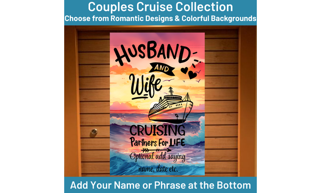 Cruise-themed decorative banner with 'Husband and Wife Cruising Partners for Life' text against a sunset background.