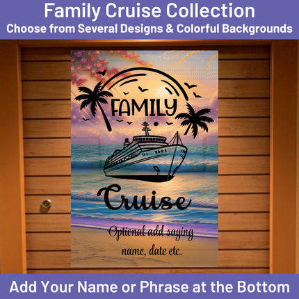 Family cruise design with a ship, palm trees, and sunset on a colorful background.