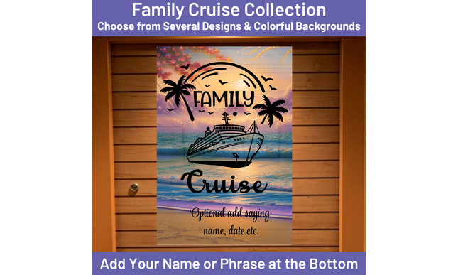 Family cruise design with a ship, palm trees, and sunset on a colorful background.