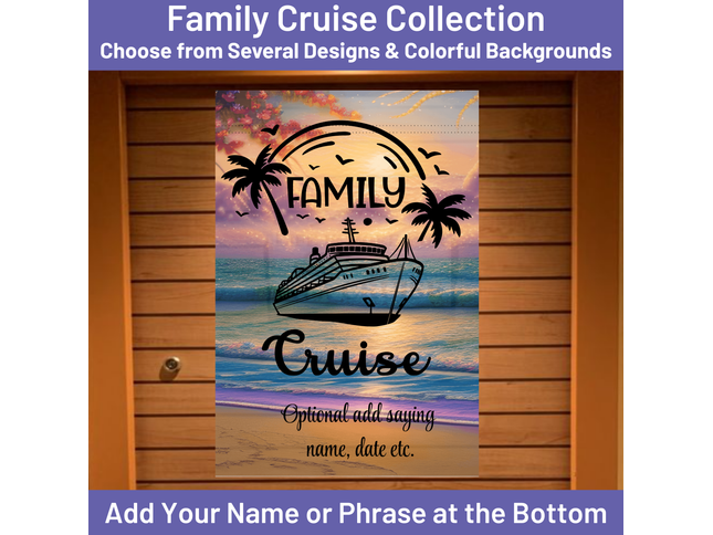 Family cruise design with a ship, palm trees, and sunset on a colorful background.