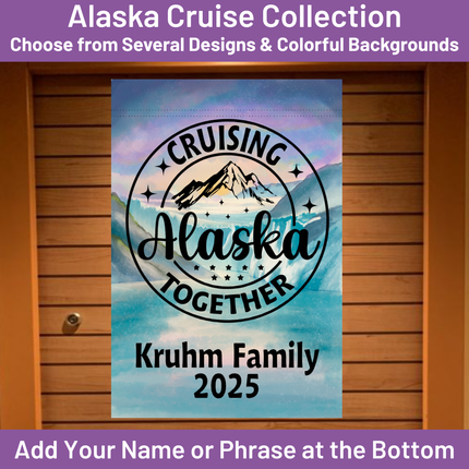 Alaska Cruise Collection cruise door banner with mountain design and text on a wooden door.