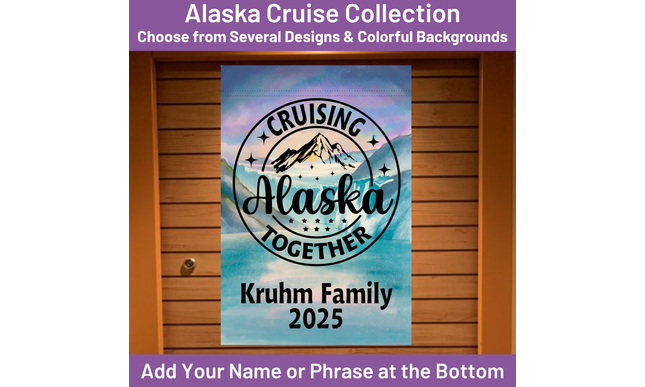 Alaska Cruise Collection cruise door banner with mountain design and text on a wooden door.
