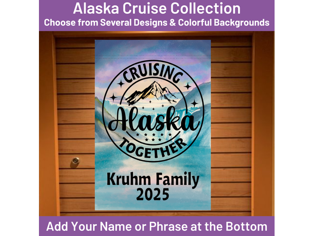 Alaska Cruise Collection cruise door banner with mountain design and text on a wooden door.