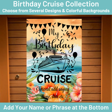 Decorative banner for a birthday cruise with a ship, balloons, and flowers on a colorful background.