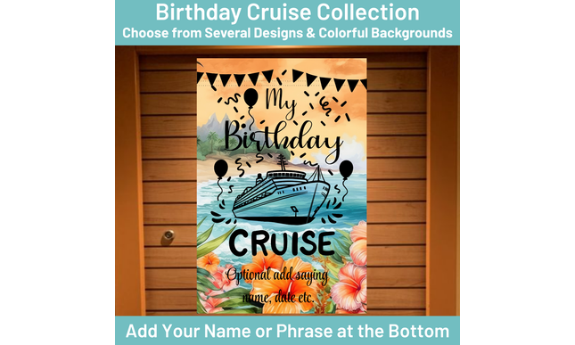 Decorative banner for a birthday cruise with a ship, balloons, and flowers on a colorful background.