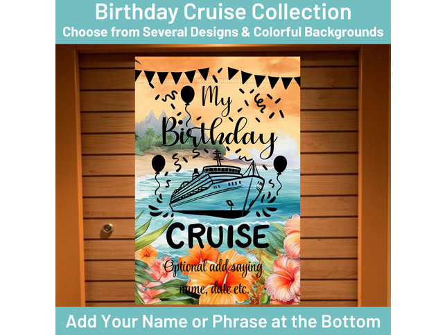Decorative banner for a birthday cruise with a ship, balloons, and flowers on a colorful background.