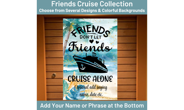 Cruise-themed decorative banner with text and graphics on a wooden door background