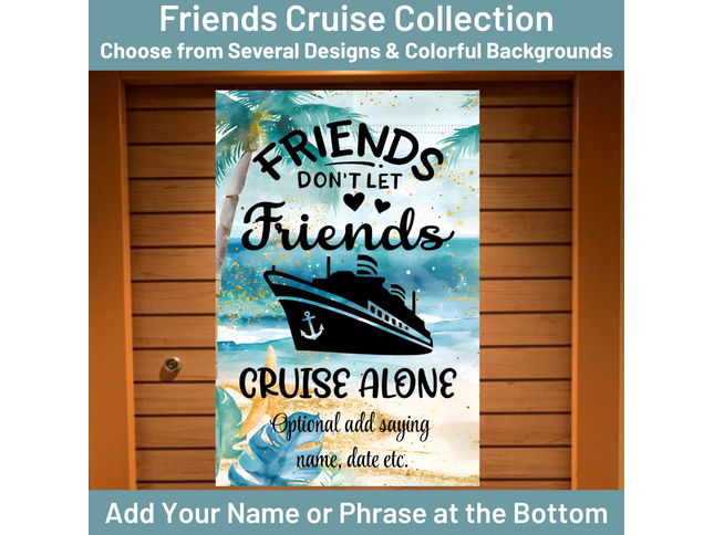 Cruise-themed decorative banner with text and graphics on a wooden door background