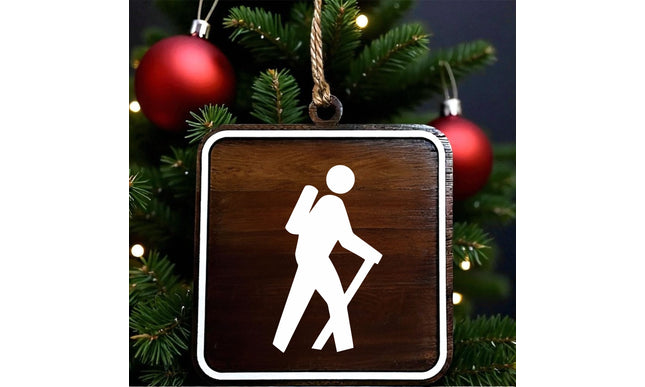 Hiker Holiday Ornament, Personalized With National Park Trail Sign, Adventure Keepsake, Gift for Outdoor Men