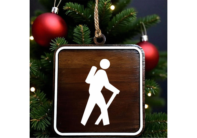Hiker Holiday Ornament, Personalized With National Park Trail Sign, Adventure Keepsake, Gift for Outdoor Men