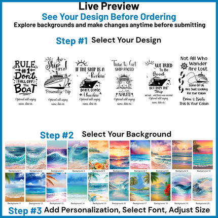 Design customization interface with text designs and background options.