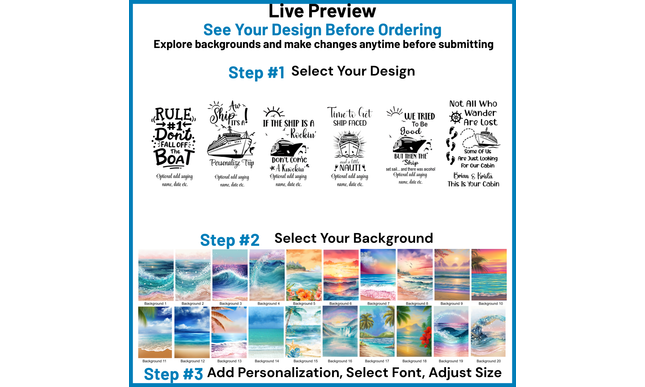 Design customization interface with text designs and background options.