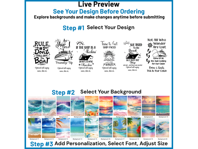 Design customization interface with text designs and background options.