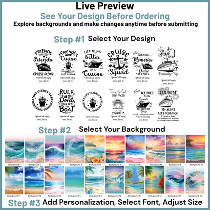Design selection interface with text and image options for customization.