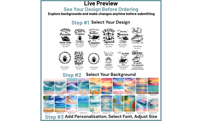 Design selection interface with text and image options for customization.