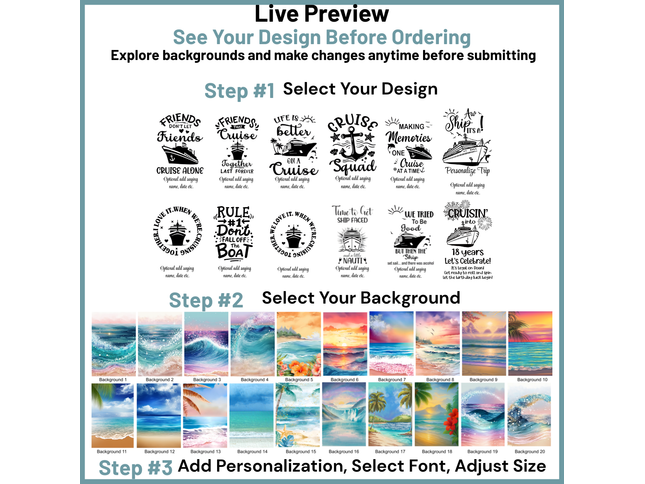 Design selection interface with text and image options for customization.