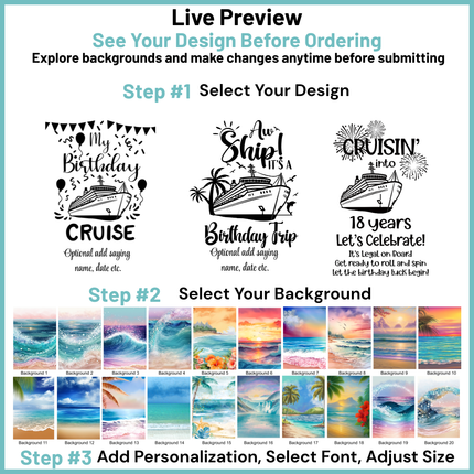 Design customization interface for cruise-themed products with text and background options.