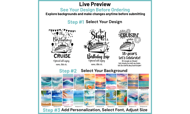 Design customization interface for cruise-themed products with text and background options.