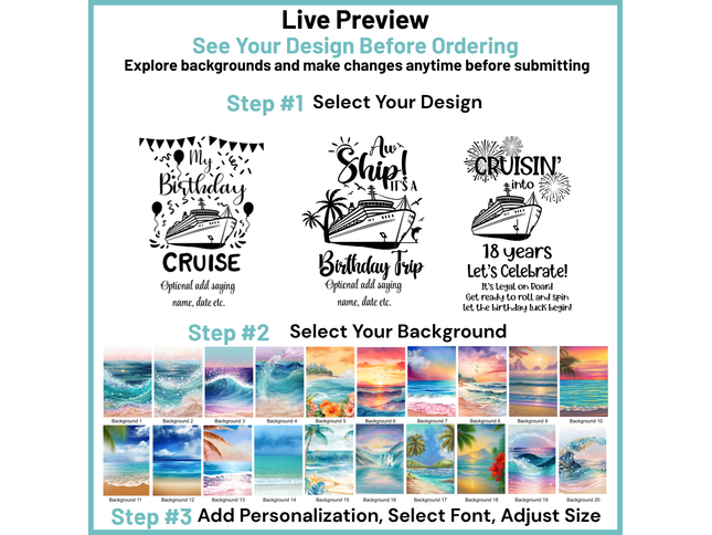 Design customization interface for cruise-themed products with text and background options.