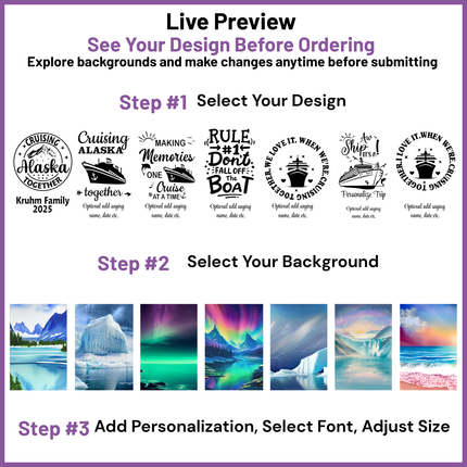 Design customization interface with design options and background choices on a purple background