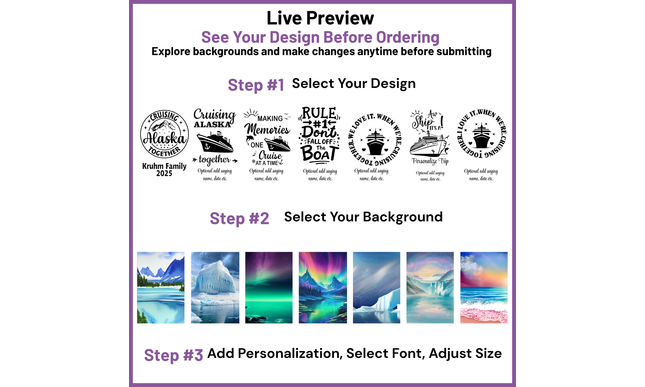 Design customization interface with design options and background choices on a purple background