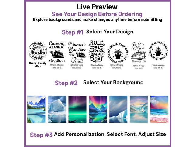 Design customization interface with design options and background choices on a purple background