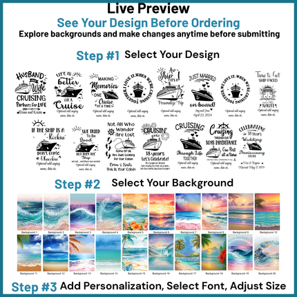 Design customization interface with text designs and background options.