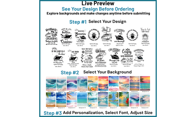 Design customization interface with text designs and background options.