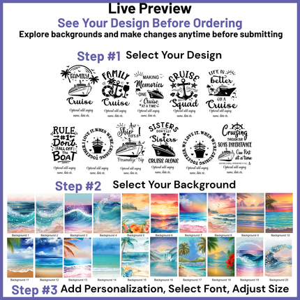 Design selection interface with text designs and background options for a cruise-themed product.