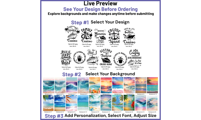 Design selection interface with text designs and background options for a cruise-themed product.