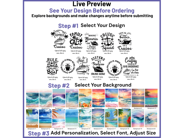 Design selection interface with text designs and background options for a cruise-themed product.
