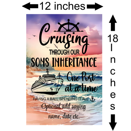 Poster with a ship design and text about cruising, dimensions indicated.