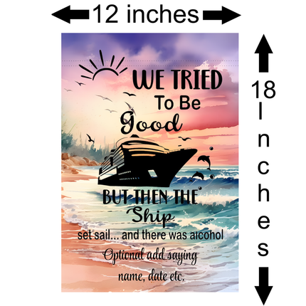 cruise ship banner with a ship design and text about alcohol, dimensions indicated.