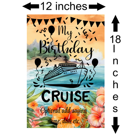 Cruise ship door banner with a cruise ship design, text 'My Birthday Cruise', and decorative elements on a white background.