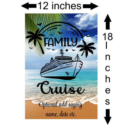 Family Cruise design with a ship, palm trees, and beach scene, labeled with dimensions.