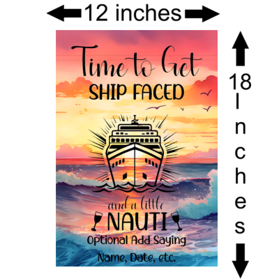 Poster with a ship design and text about being 'ship faced' and 'nauti', with measurements indicated.