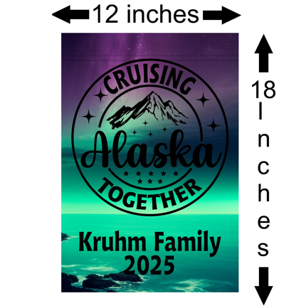Cruise door banner with 'Cruising Alaska Together' design and dimensions labeled