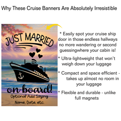 Cruise ship door sign with 'Fjust married on board' design and promotional text.