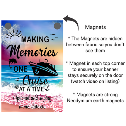Cruise-themed banner with magnets on a white background