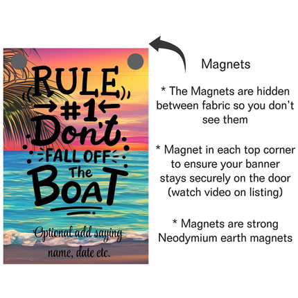 Decorative banner with magnets for securing on a door, featuring a beach scene and text.