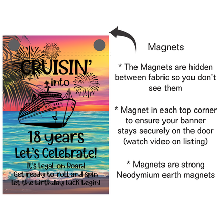 cruise ship banner with a ship design and text, featuring magnets for attachment.