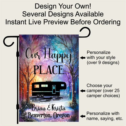 Winter Camping camper Garden Flag, Bright Colors, snow falling, Custom travel Trailer Sign, personalized campsite Decor, Gift RV Travelers