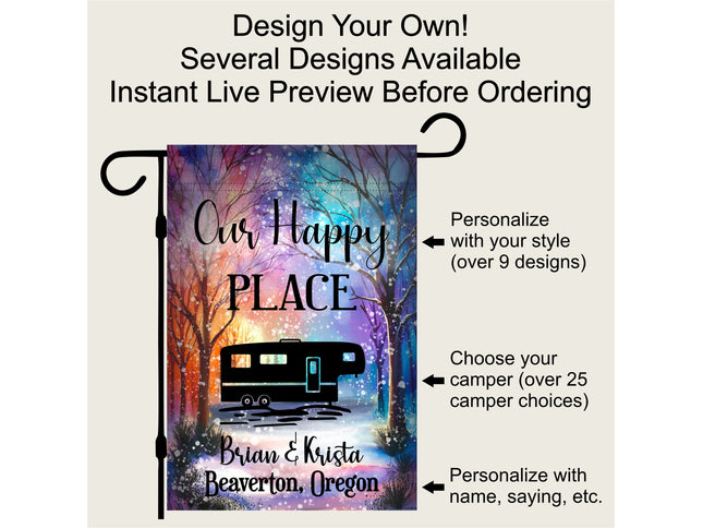 Winter Camping camper Garden Flag, Bright Colors, snow falling, Custom travel Trailer Sign, personalized campsite Decor, Gift RV Travelers