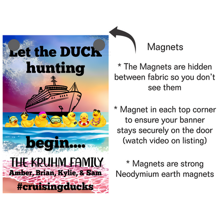 Personalized Cruise Door Decor, Let the duck hunting begin, Magnetic Cruising Banner, personalized cruise ship door magnet sign, large ship decor for stateroom, vacation