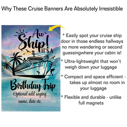 Cruise ship banner with text and graphics on a blue and purple gradient background